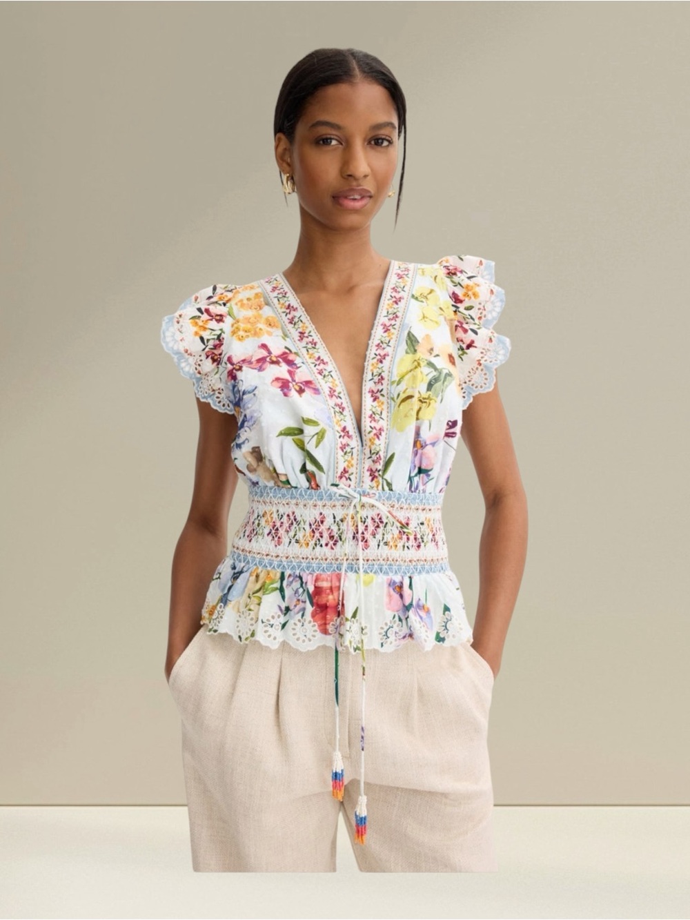 Farm Rio Floral Eyelet Tie-Waist Peplum Top - White Multi